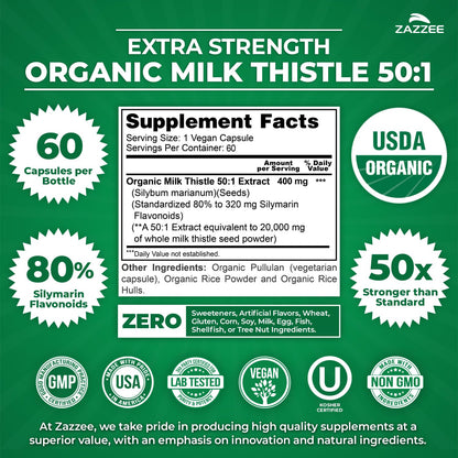 Zazzee USDA Organic Milk Thistle 50:1 Extract, 200 Vegan Capsules | 80% Silymarin Flavonoids, 6+ Month Supply, Silybum Marianum, Liver Support & Detox Support, All-Natural, Non-GMO, Made in USA Gsupps Australia