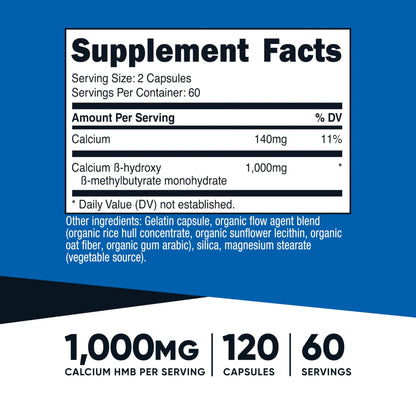 Nutricost HMB (Beta-Hydroxy Beta-Methylbutyrate) 1000mg (120 Capsules) - 500mg Per Capsule, 60 Servings - Gluten Free and Non-GMO Nutricost