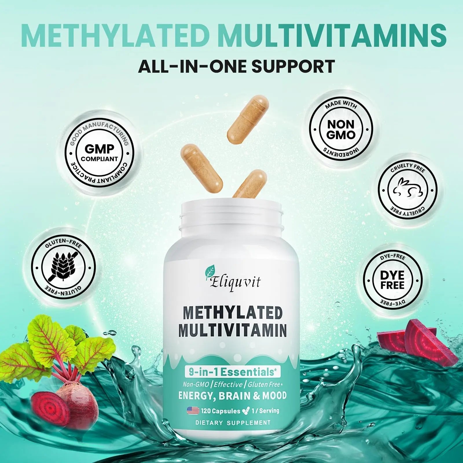 Eliquvit Methylated Multivitamin for Men & Women - Methylated B Complex with Methylfolate & B12-9-in-1 MTHFR Support + TMG - Vegan Multivitamin Eliquvit buy australia supplements