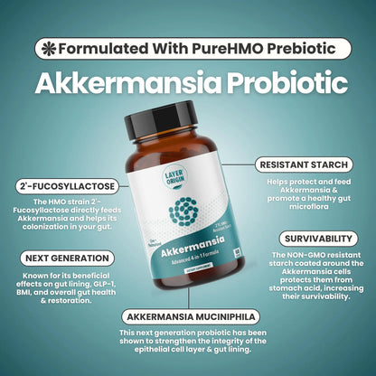 Layer Origin Akkermansia muciniphila Probiotic, with Both Live + Pasteurized Akkermansia and PureHMO Prebiotic, Validated Strain, Updated 4-in-1 Formula Layer Origin