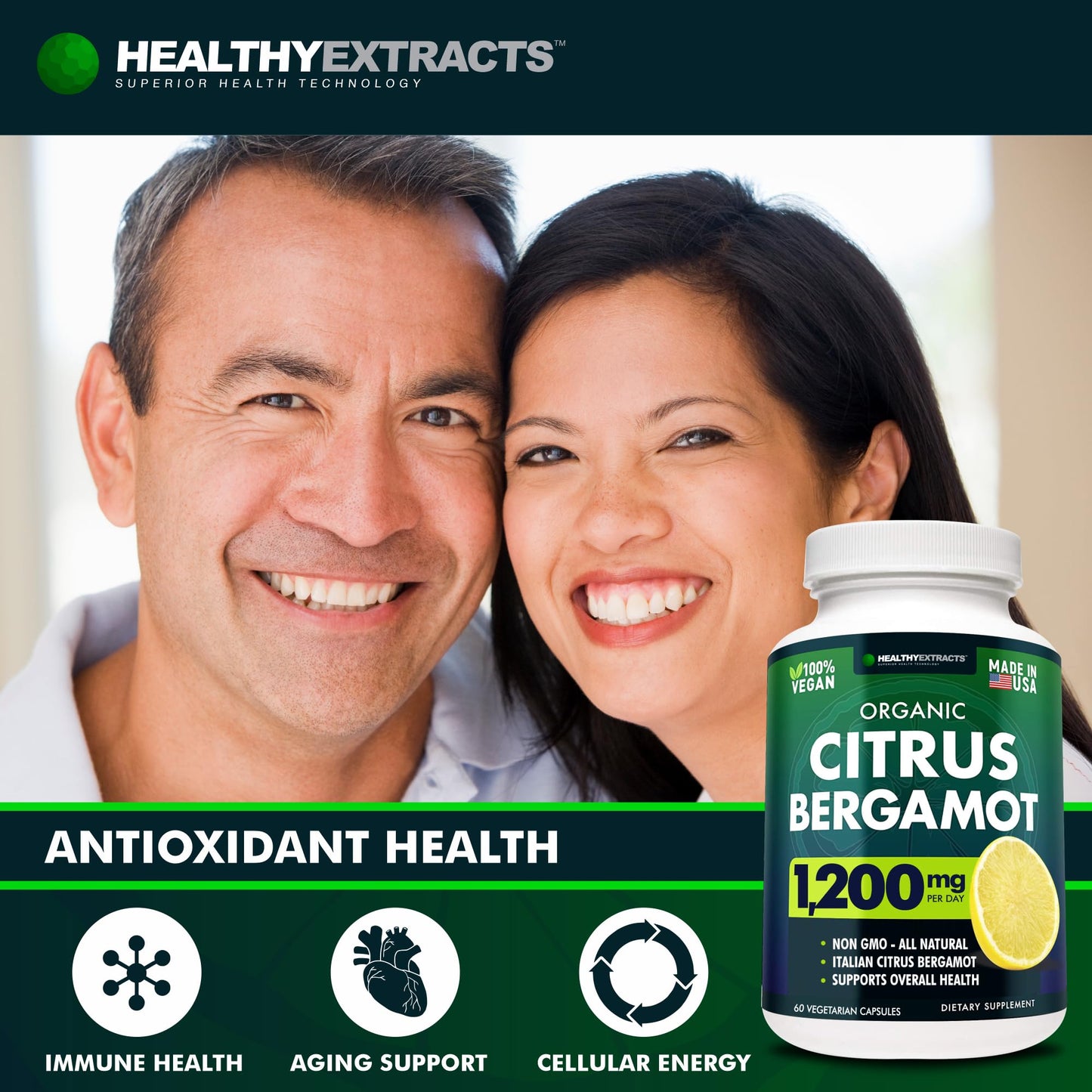 Citrus Bergamot Supplement – 150:1 Extract, 1200mg per Serving, 70% Polyphenols, Italian Sourced, 60 Count, 1 Month Supply, Made in the USA Healthy Extracts