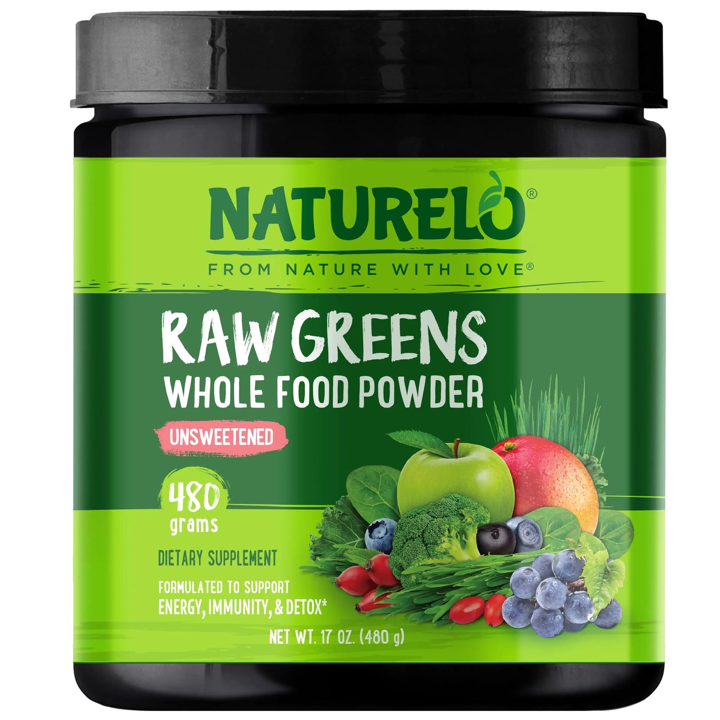 NATURELO Raw Greens Superfood Powder - Unsweetened - Boost Energy, Detox, Enhance Health - Organic Spirulina - Wheat Grass - Whole Food Nutrition from Fruits NATURELO