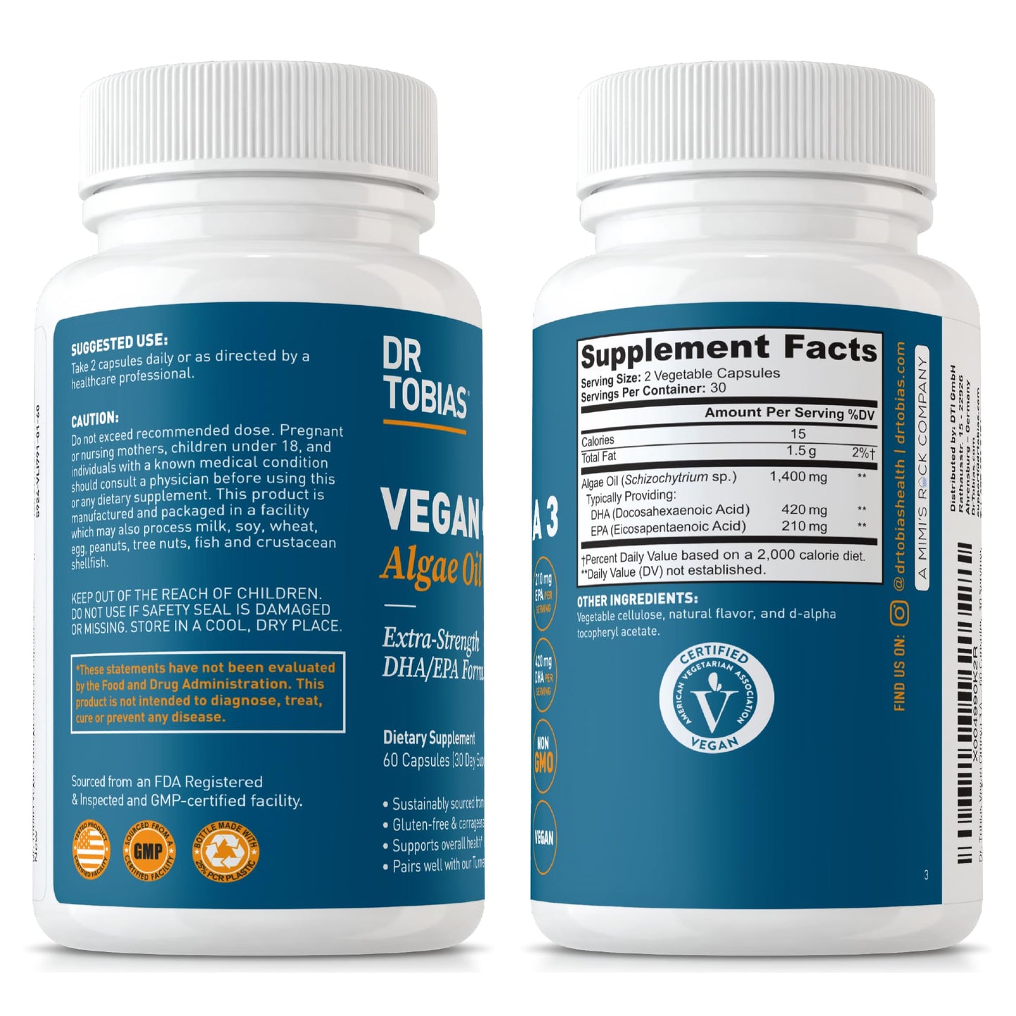 Dr. Tobias Vegan Omega 3 Supplement, 1400mg Algae Oil, 420mg DHA, and 210mg EPA per Serving, Non-GMO, Gluten-Free, Carrageenan-Free, 60 Capsules, 30 Servings