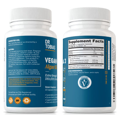 Dr. Tobias Vegan Omega 3 Supplement, 1400mg Algae Oil, 420mg DHA, and 210mg EPA per Serving, Non-GMO, Gluten-Free, Carrageenan-Free, 60 Capsules, 30 Servings