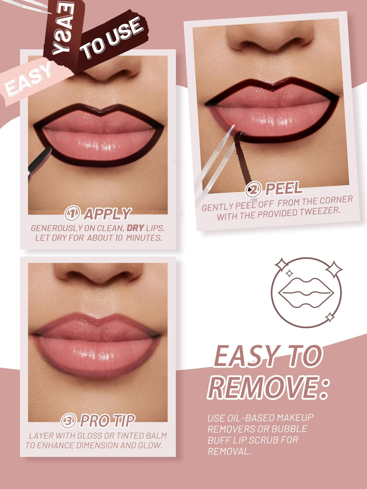 QCMME Lip Stain Peel Off Lip Liner Stain with Tweezer, Long Lasting Matte Lip Tint Tattoo, Highly Pigmented Color Lip Makeup, Waterproof Lipstick, Transfer-proof Lipstain for Women, Nude Pink QCMME