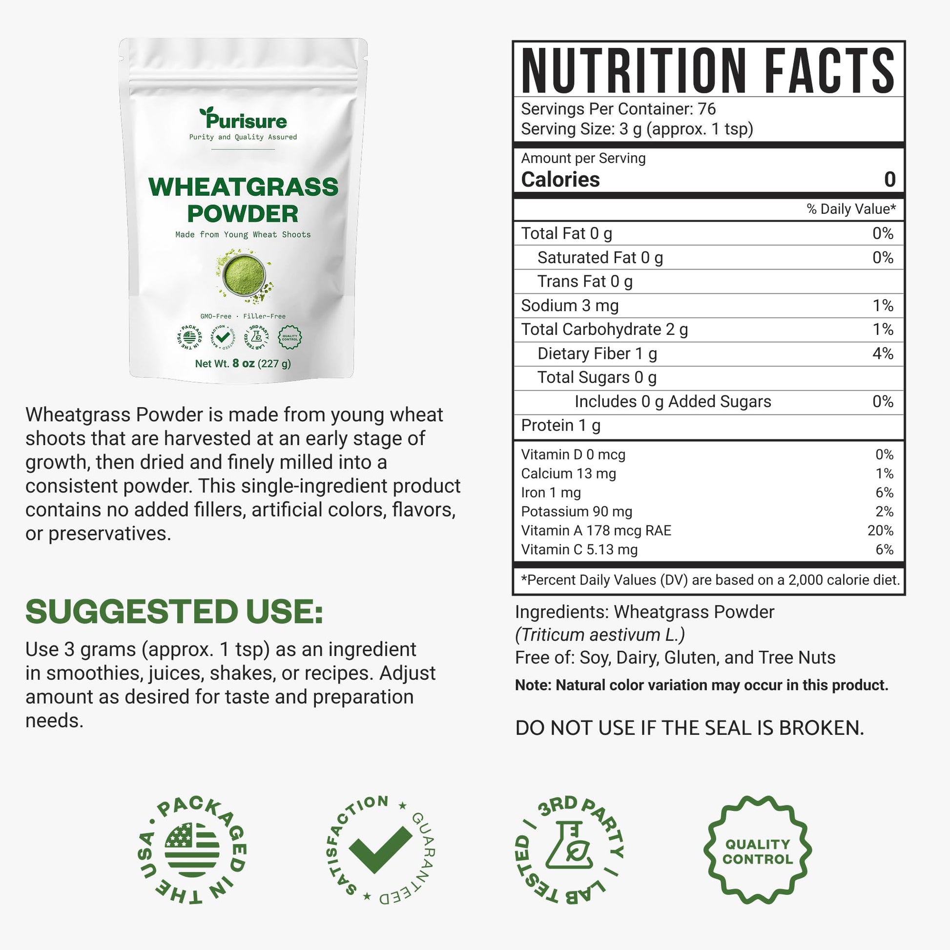 Purisure Wheatgrass Powder, 8oz, Wheat Grass Powder, Green Superfood for Salads, Smoothie and Shakes, Superfood Powder Rich in Immunity Vitamins, Fiber and Minerals, 76 Servings Purisure buy australia supplements