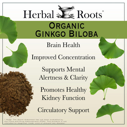 Herbal Roots Organic Ginkgo Biloba Made with Pure Organic Ginkgo Leaf and Extract - 60 Vegan Capsules Herbal Roots