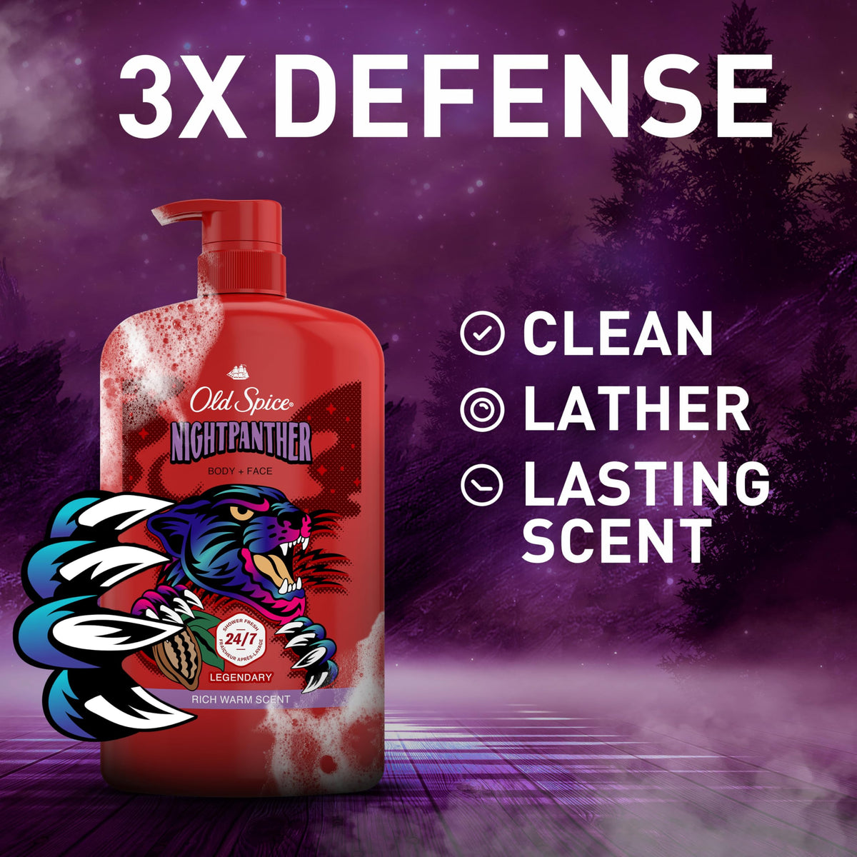 Old Spice Cleansing Body Wash for Men, 3X Defense, 24/7 Shower Fresh with Lasting Scent, 2 in 1 Body and Face Wash, Daily Men’s Wash and Shower Gel, NightPanther Rich Warm Masculine Scent, 33.4 oz Old Spice