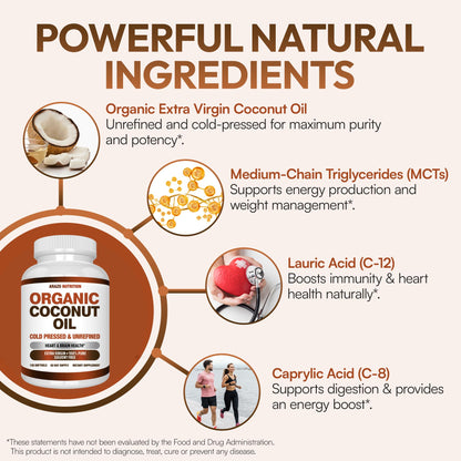 Arazo Nutrition Organic Coconut Oil 2000 MG Per Serving - 100% Extra Virgin Unrefined Cold Pressed for Weight Support, Skin, Hair, Nails - 120 Softgel Capsules Gsupps Australia