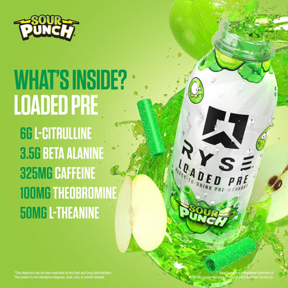 RYSE Loaded Pre Workout Drink - Ring Pop Cherry - Sugar-Free, Ready to Drink Energy Supplement with 325mg Caffeine, Citrulline & Beta Alanine for Focus & Pump - 12 fl oz Bottles (Pack of 12)