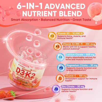 Vitamin D3 K2 Gummies 5000IU / 10,000 IU with 500mg Calcium + K2(MK-7) 200mcg, Magnesium, Vitamin C & Zinc, Extra Strength - Ultimate Absorbency for Bones LILICARE