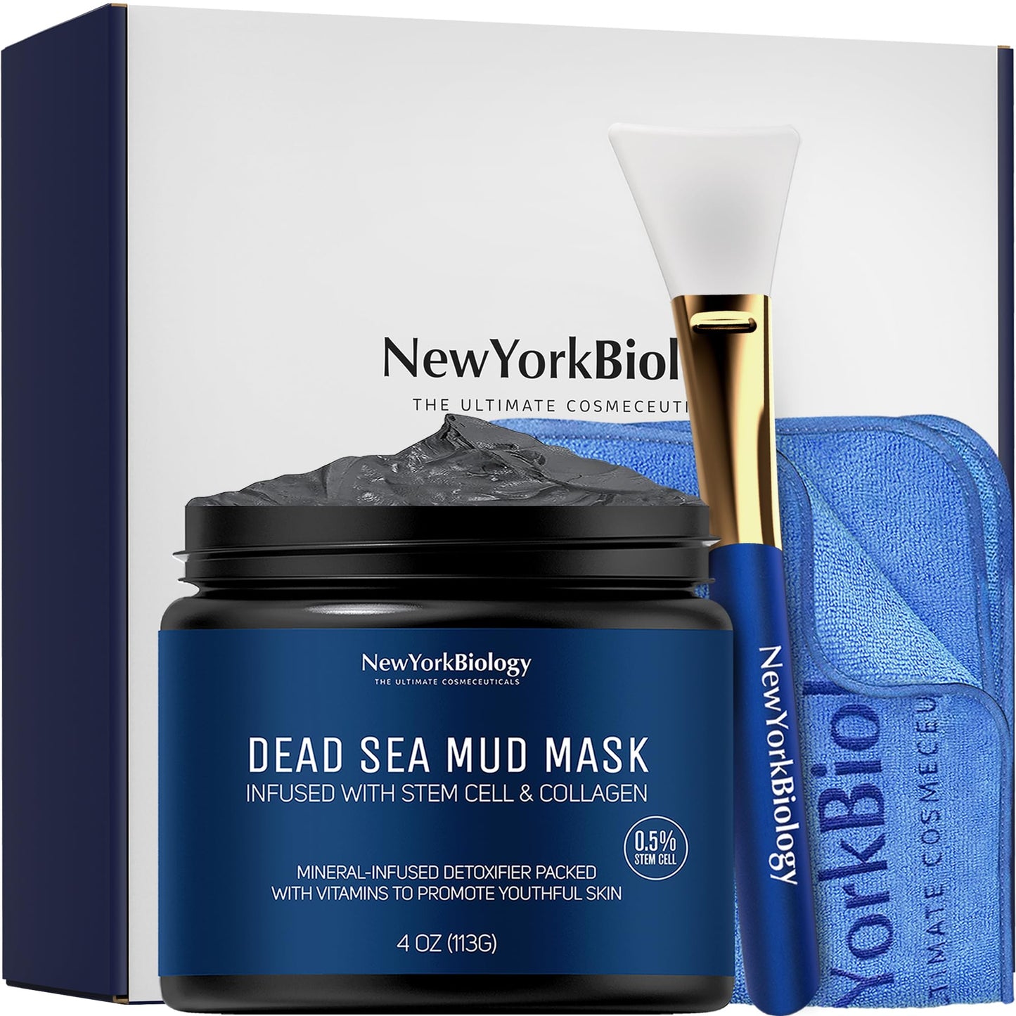 New York Biology Dead Sea Mud Mask for Face & Body | with Stem Cell and Collagen | Face Mask, Brush Applicator, Towel | Spa Quality Pore Refiner for Oily Skin NEW YORK BIOLOGY THE ULTIMATE COSMECEUTICALS