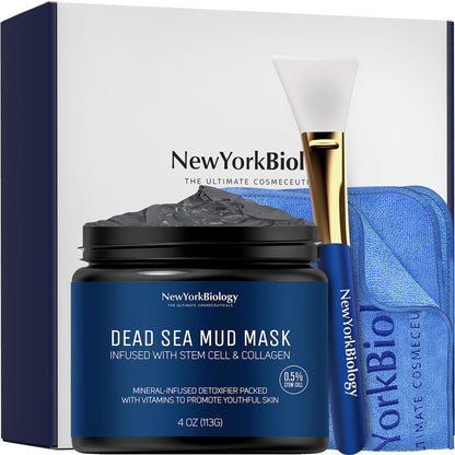 New York Biology Dead Sea Mud Mask for Face & Body | with Stem Cell and Collagen | Face Mask, Brush Applicator, Towel | Spa Quality Pore Refiner for Oily Skin NEW YORK BIOLOGY THE ULTIMATE COSMECEUTICALS