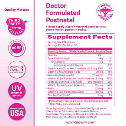 Pink Stork Total Postnatal Vitamin Gummies, 60 Count | Multivitamin for Postpartum Recovery, Lactation Support, Folic Acid, B6, Zinc, + Vitamin C, Postpartum Essentials