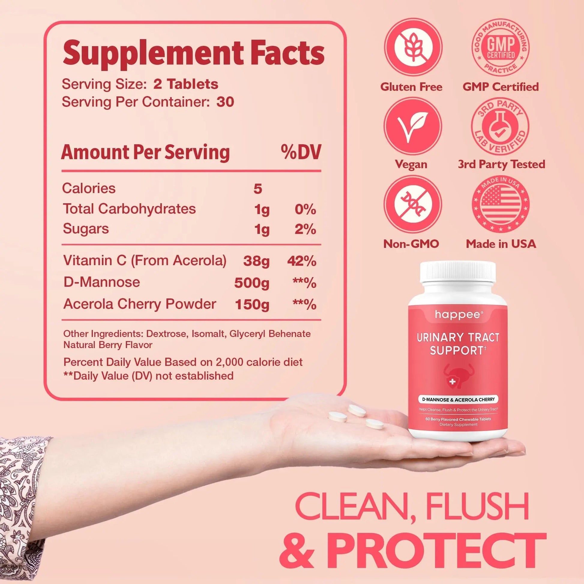 Happee Urinary Tract Health Supplement for Women & Men – Fast-Acting UTI Relief and Prevention, 500mg D-Mannose & Antioxidants, Supports Kidney and Bladder Health, Berry Flavor, 60 Chewables Happee buy australia supplements