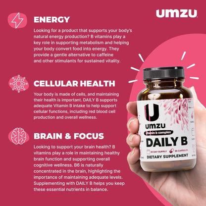 UMZU Daily B, 30 Day Supply – Complete Vitamin B Complex Supplement Blend with B1, B2, B3, B5, B6, B7, B9 & B12 Plus Folic Acid & Biotin – Supports Energy, Focus, Mood, UMZU