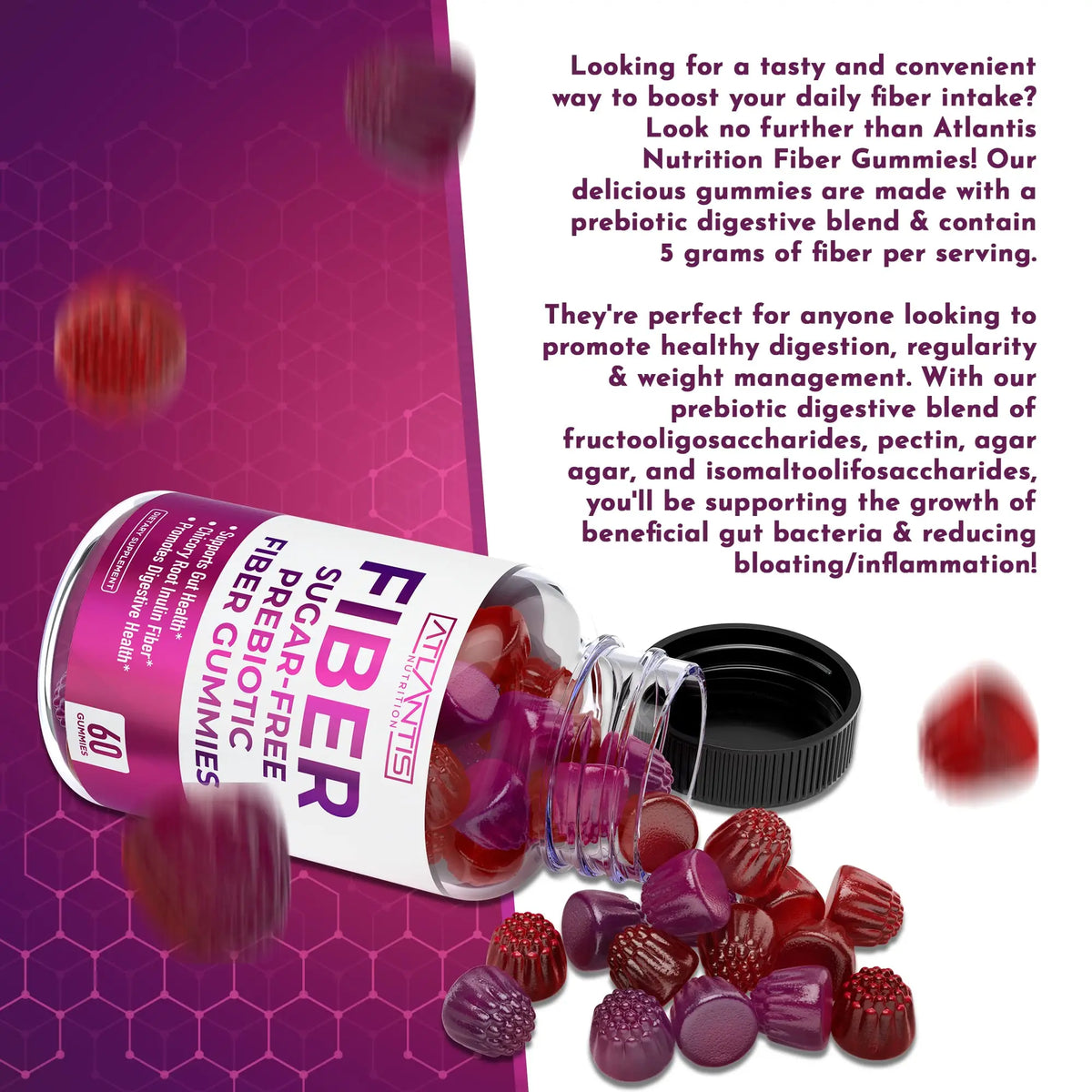 Atlantis Nutrition Sugar Free Fiber Gummies for Adults - 5G Fiber Supplement Formulated with 5.4G Prebiotic Digestive Blend/Serving - Supports Gut Health & Healthy Digestion Atlantis Nutrition