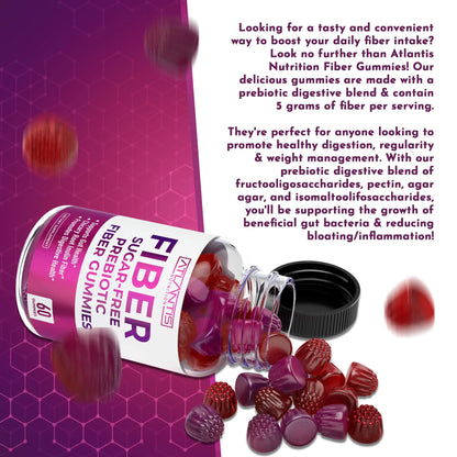 Atlantis Nutrition Sugar Free Fiber Gummies for Adults - 5G Fiber Supplement Formulated with 5.4G Prebiotic Digestive Blend/Serving - Supports Gut Health & Healthy Digestion Atlantis Nutrition