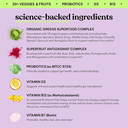 Lemme Greens Superfood Gummies w/Multi - Support Gut Health & Reduce Bloating, 20+ Organic Greens and Superfruits, Clinically Studied Probiotics, D3, B12 - Berries & Greens Flavored (60 Count)