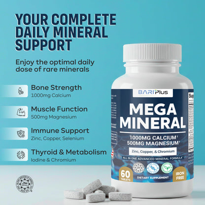 Mega Mineral – Complete Complex with Vitamin D, Calcium, Magnesium, Zinc, Potassium, Boron, Selenium, Chromium & Trace Minerals – Iron-Free – USA Made – 60 Tablets BARIPLUS