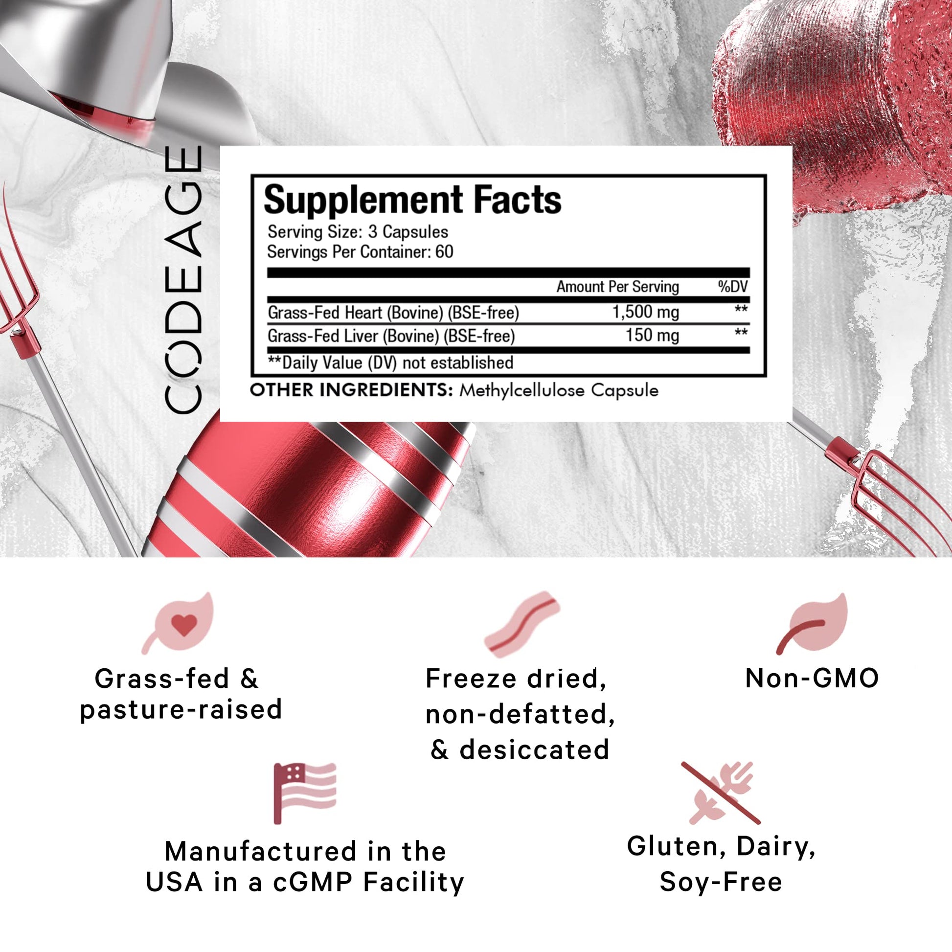 Codeage Grass Fed Beef Heart Supplement - Freeze Dried, Non-Defatted, Desiccated Glandular Supplements - Bovine Meat & Liver Pills - Beef Vitamins for Heart - Non-GMO -180 Capsules Codeage buy australia supplements