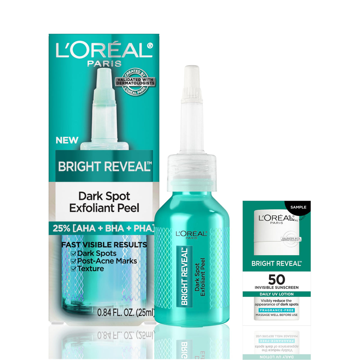 L'Oreal Paris Bright Reveal Dark Spot Exfoliant Peel, 25% AHA BHA PHA Face Exfoliator Solution, Gentle Skincare to Visibly Reduce Dark Spots and Renew Skin Texture, Includes SPF Lotion Sample L'Oreal Paris
