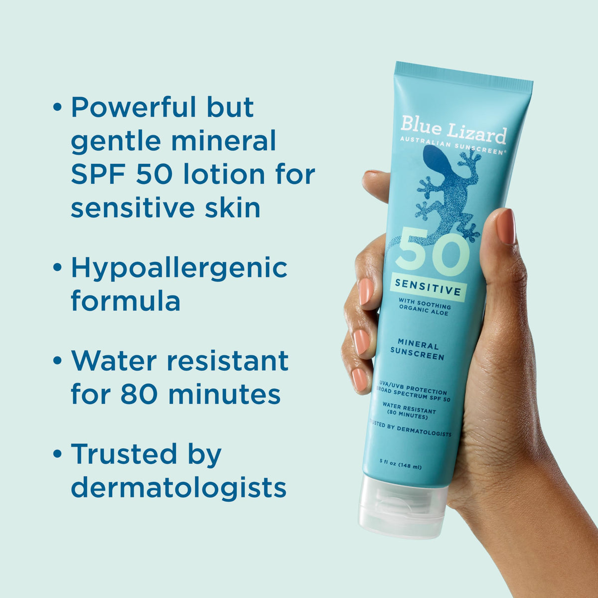 Blue Lizard Sensitive Mineral SPF 50 Sunscreen Lotion, 100% Mineral Sunscreen, UVA/UVB Protection, Infused with organic Aloe Vera, Soothes and Hydrates, 5 fl oz BLUE LIZARD