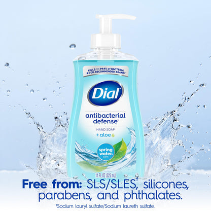 Dial Antibacterial Defense Liquid Hand Soap + Aloe, Spring Water Scent, 11 Fl Oz (Pack of 4), Dermatologist-Tested Hand Wash, Gentle Formula Dial