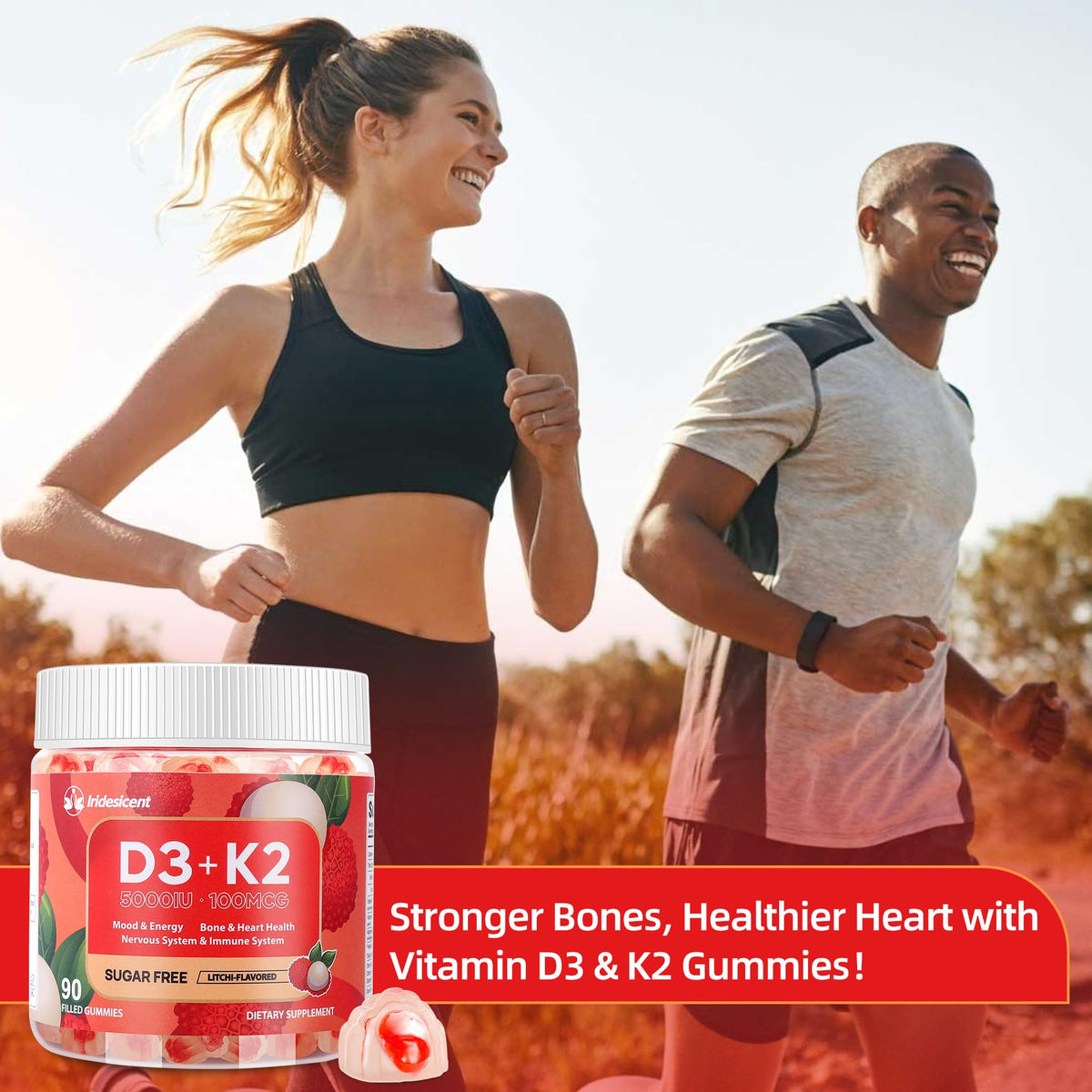 Vitamin D3 K2 Gummies w/Magnesium Sugar Free - 90 Count | D3 Vitamin 5,000 IU + K2(MK-7) 100 mcg - Vegan K2 D3 Vitamin Supplement, Highly Absorbent Supports Bone IRIDESICENT