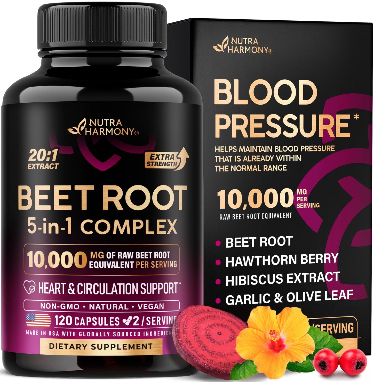Beet Root 5-in-1 Complex Capsules - Healthy Blood Pressure Support Supplement for Heart & Circulation Support - Olive Leaf, Hawthorn Berry & Hibiscus NUTRAHARMONY