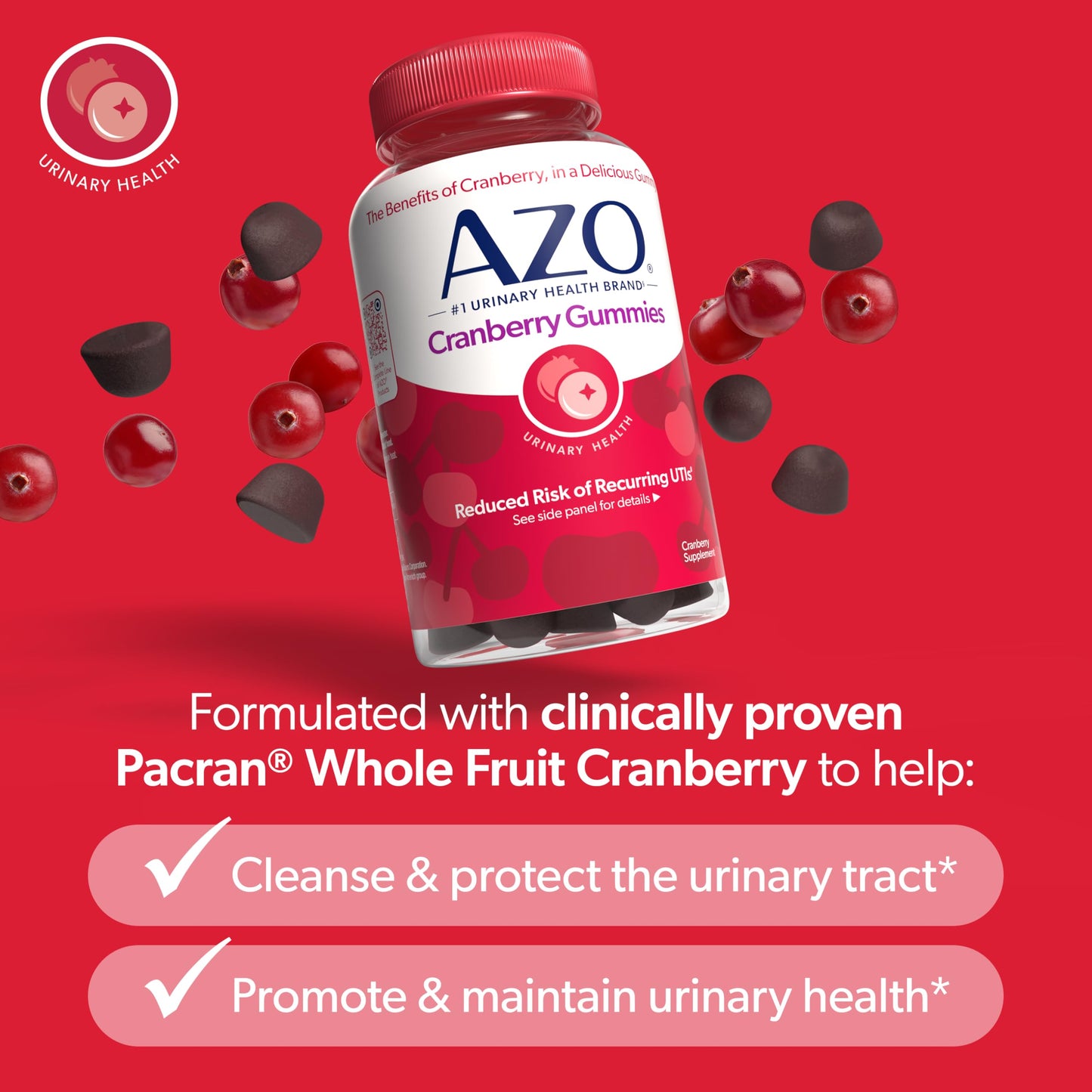 AZO Cranberry Urinary Tract Health Gummies Dietary Supplement, 2 Gummies = 1 Glass of Cranberry Juice, Helps Cleanse & Protect AZO