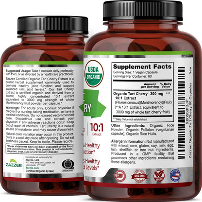 Zazzee USDA Organic Tart Cherry 10:1 Extract, 120 Capsules, 4 Month Supply | Vegan, Montmorency Cherry, Daily Wellness Antioxidant Support, Organic Herbal Supplement, All-Natural, Non-GMO, Made in USA Gsupps Australia