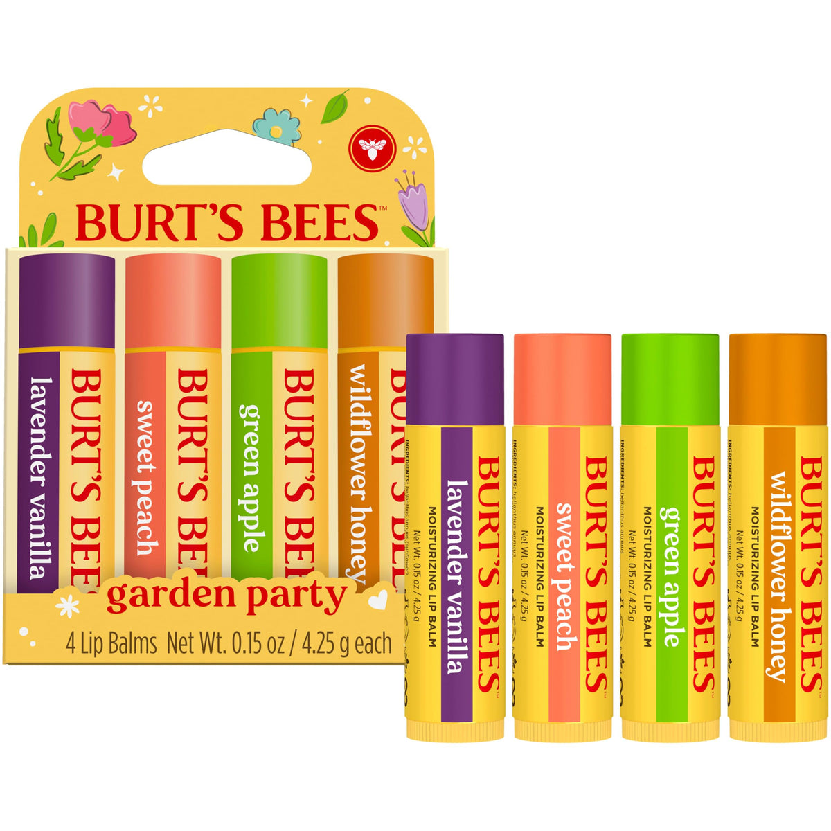 Burt's Bees Gifts Ideas - Garden Party Lip Balm Set, Lavender Vanilla, Sweet Peach, Green Apple, Wildflower Honey, With Responsibly Sourced Beeswax, Natural Origin Lip Treatment, 0.15 oz., Four Tubes Burt's Bees