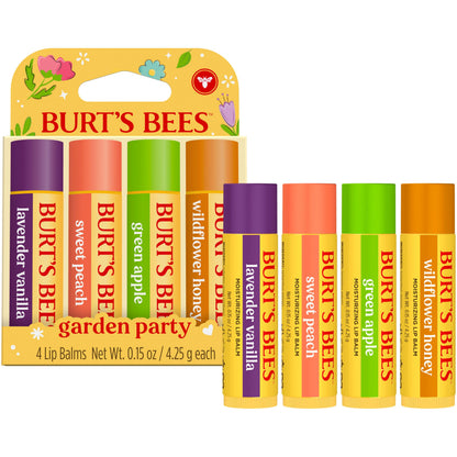 Burt's Bees Gifts Ideas - Garden Party Lip Balm Set, Lavender Vanilla, Sweet Peach, Green Apple, Wildflower Honey, With Responsibly Sourced Beeswax, Natural Origin Lip Treatment, 0.15 oz., Four Tubes Burt's Bees