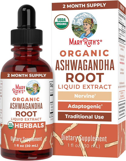 MARYRUTH'S Ashwagandha Root Liquid Drops | Mood & Stress Support Supplement | Calm & Relaxation | 590mg Ashwagandha | Adaptogen & Nervine | Vegan | USDA Organic | CLP Certified | Non-GMO | 1 oz
