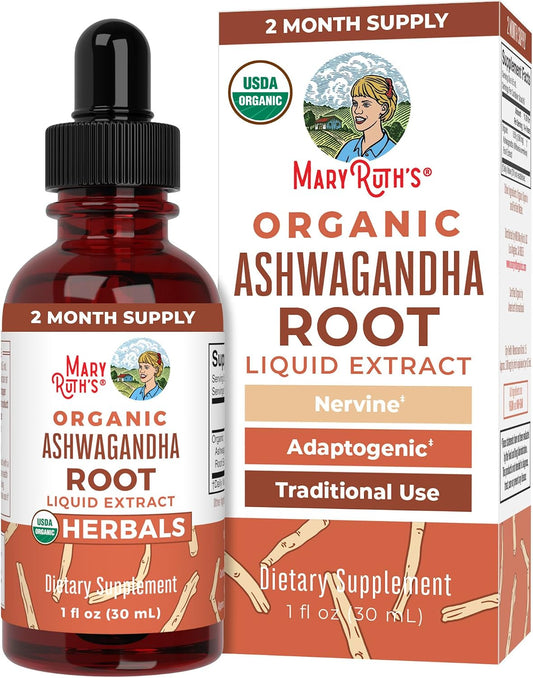 MARYRUTH'S Ashwagandha Root Liquid Drops | Mood & Stress Support Supplement | Calm & Relaxation | 590mg Ashwagandha | Adaptogen & Nervine | Vegan | USDA Organic | CLP Certified | Non-GMO | 1 oz
