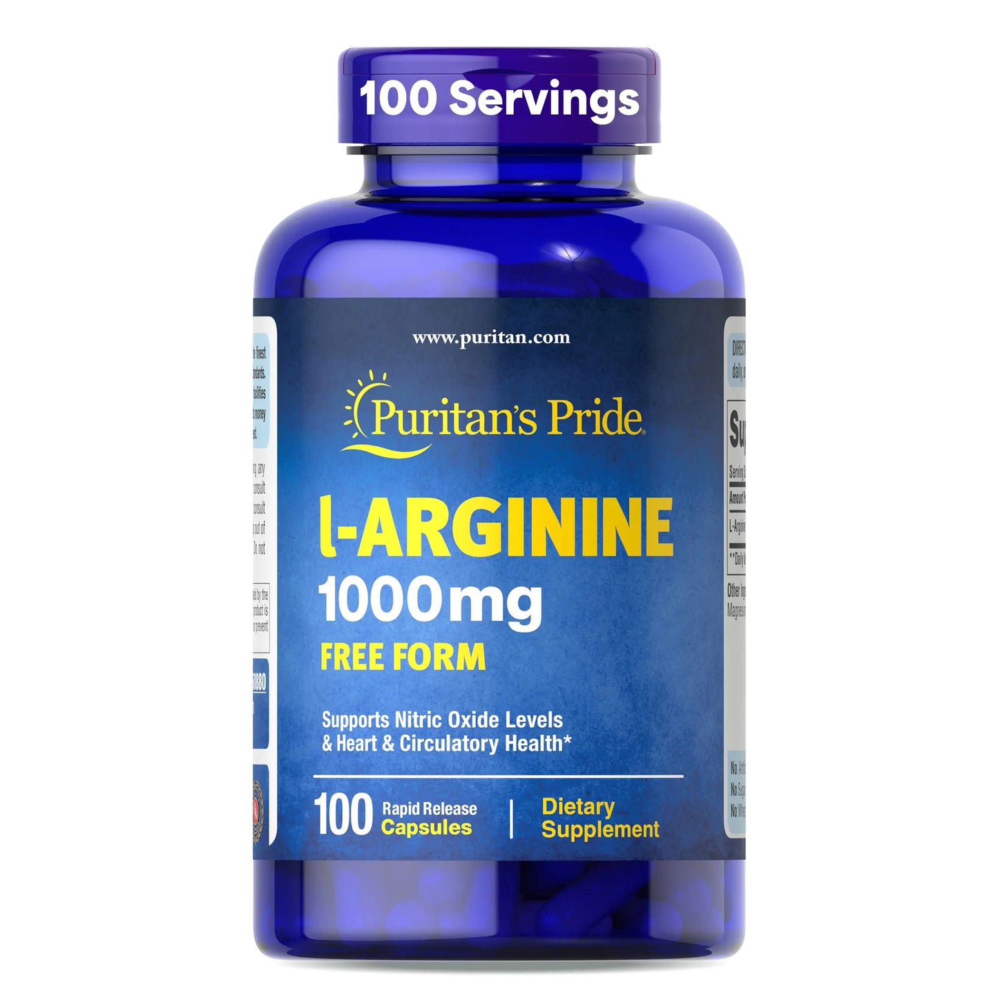 Puritan's Pride L-Arinine 1000mg, Dietary Supplement Supports Nitric Oxide Levels and Heart and Circulatory Heath, 100 Day Supply, 100 Tablets Puritan's Pride