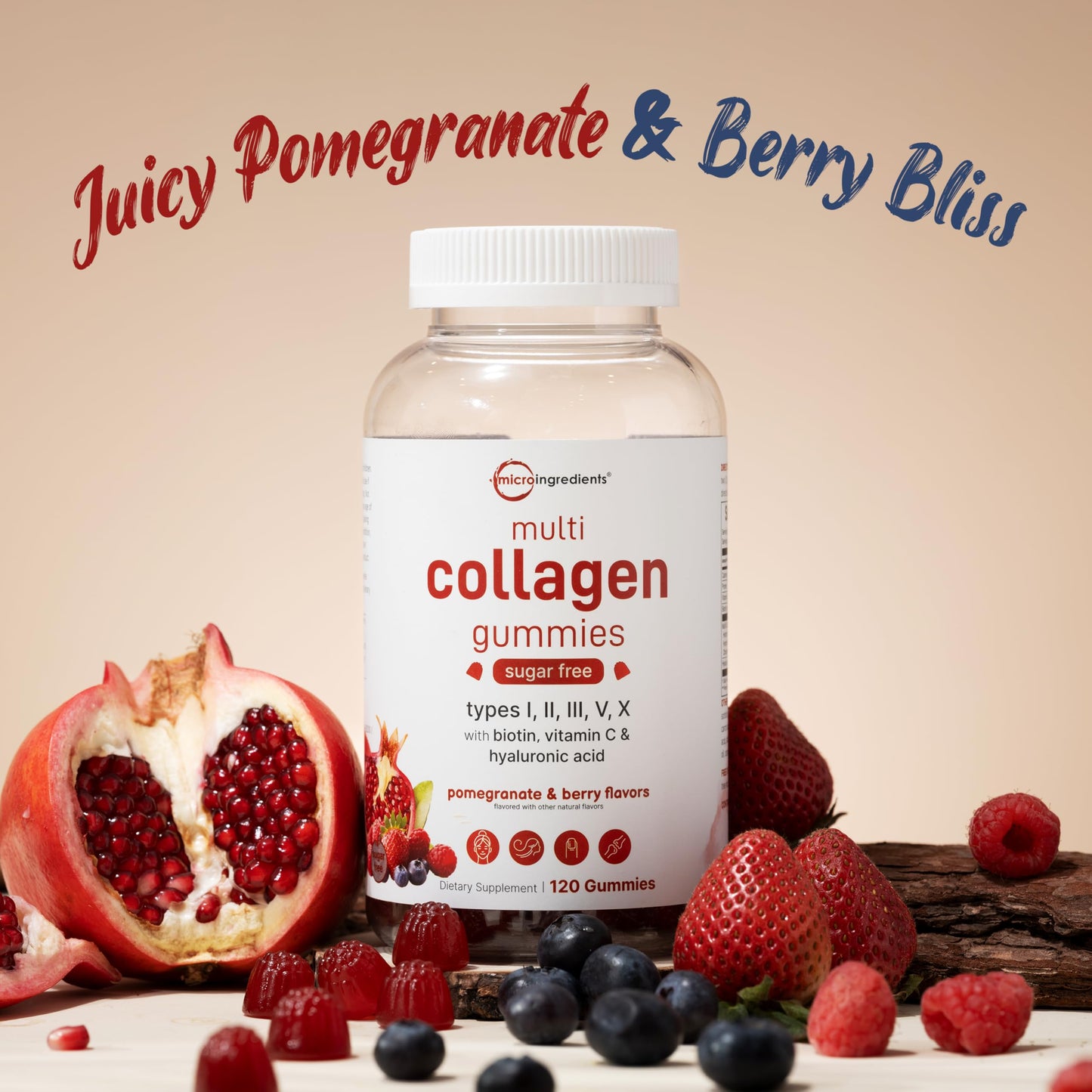 Micro Ingredients Multi Collagen Peptides, 120 Collagen Gummies | Type I,II,III,V,X Protein with Biotin, Hyaluronic Acid, & Vitamin C Complex | Pomegranate & Berry Flavored Micro Ingredients