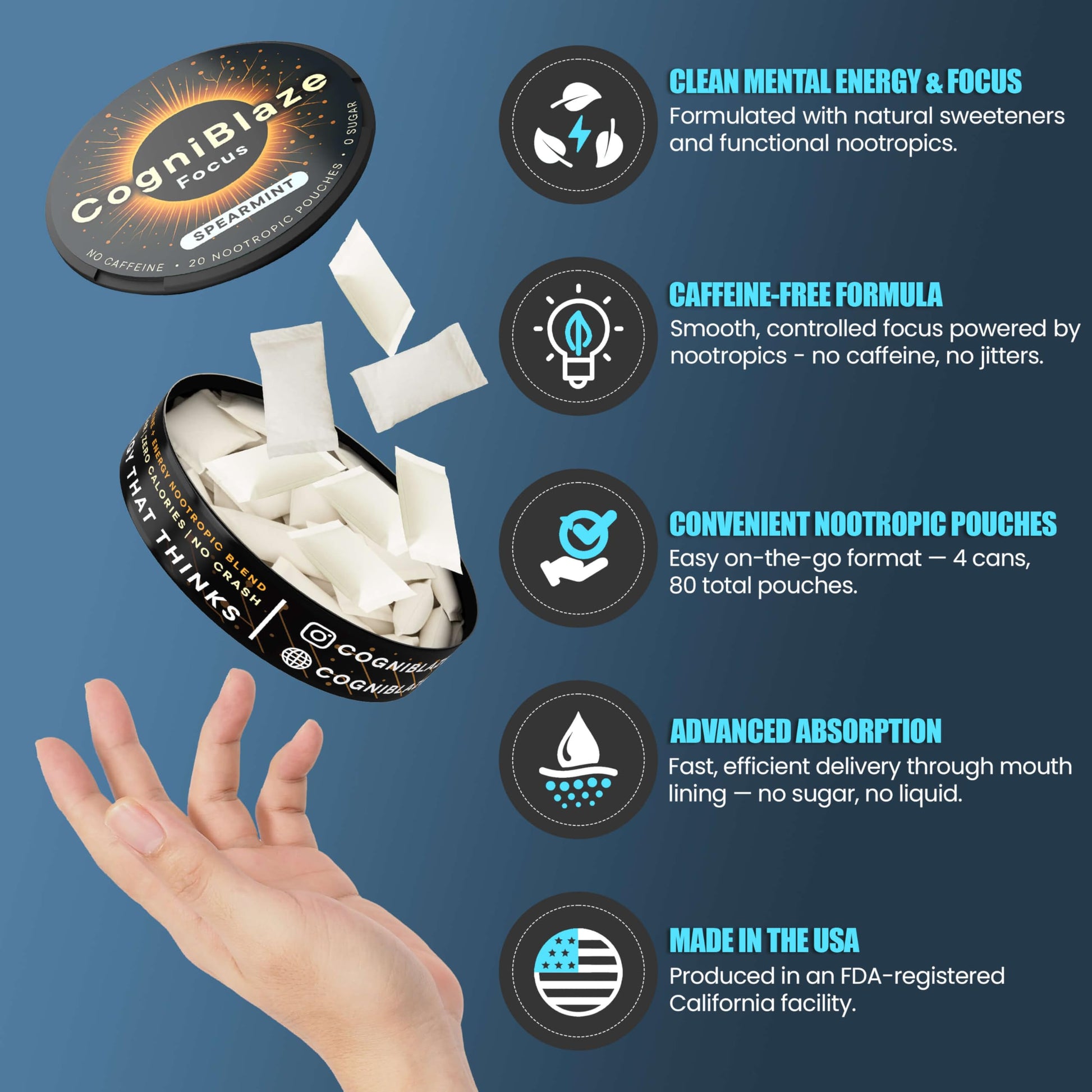 CogniBlaze Nootropic Pouches Caffeine Free (Spearmint) | 80 Focus Pouches for Clarity | 4 Pack (20 Per Can) | Mental Energy Pouches | 25mcg Huperzine A per Nootropic Pouch | Zero Calories CogniBlaze buy australia supplements