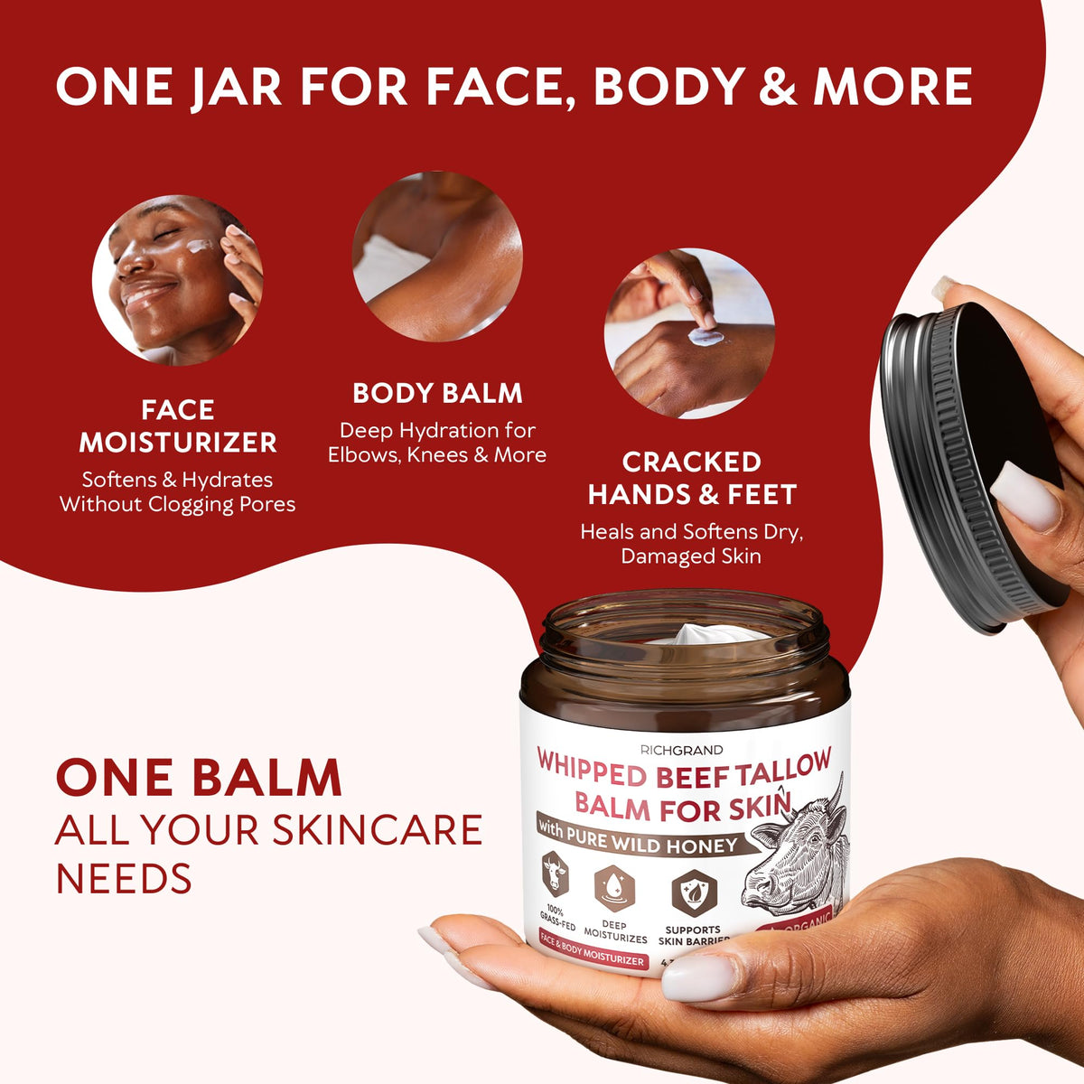 RICHGRAND Beef Tallow for Skin - Whipped Tallow and Honey Balm - Grass Fed Beef Tallow for Face, Daily Moisturizer & Body Butter - Natural Non Comedogenic Skincare (4.3 oz) RICHGRAND