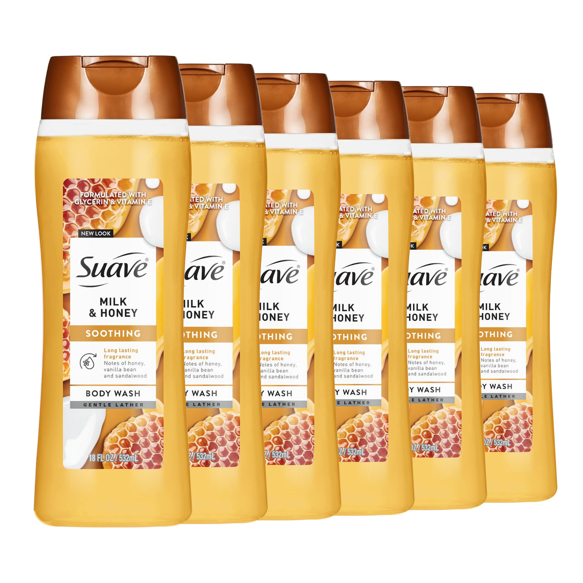 Suave Moisturizing Body Wash, with Milk & Honey and Vitamin E Extract, No Parabens, No Phtahaltes, 18 Oz Pack of 6 Suave