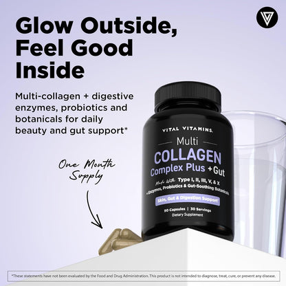 Vital Vitamins Multi Collagen Complex Plus + Gut, Probiotics & Enzymes | 5 Collagen Types I, II, III, V & X with Digestive Enzyme Blend, 3 Billion CFU Probiotic & Gut Botanicals, 90 Capsules Gsupps Australia