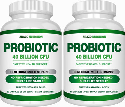 Arazo Nutrition Probiotic 40 Billion CFU - Shelf Stable with Prebiotics and Acidophilus - Stable Potency Until Expiration – Time Delay Release Probiotics (Pack of 2) Gsupps Australia