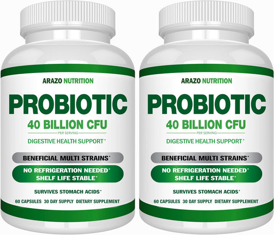 Arazo Nutrition Probiotic 40 Billion CFU - Shelf Stable with Prebiotics and Acidophilus - Stable Potency Until Expiration – Time Delay Release Probiotics (Pack of 2) Gsupps Australia