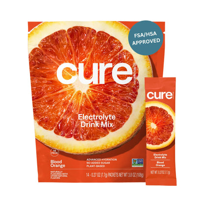 Cure Hydration | Plant-Based Electrolyte Drink Mix | No Added Sugar | FSA-HSA | Dehydration Relief Powder Made with Coconut Water | Non-GMO | Vegan | Pouch of 14 Packets - Blood Orange Cure Hydration