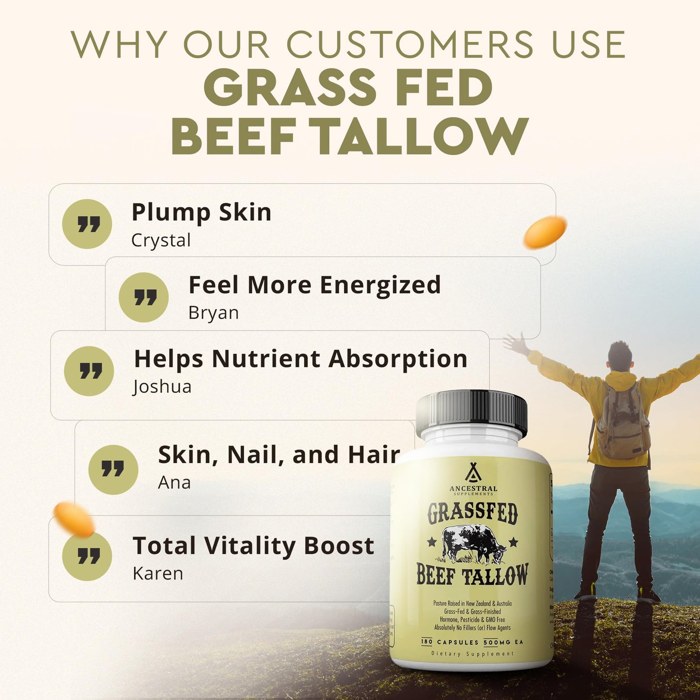 Ancestral Supplements Grass Fed Beef Kidney Supplement, 3000mg, DAO Enzyme Supplement, Kidney Support for Urinary and Histamine Health, Selenium, B12, Non GMO, 180 Capsules