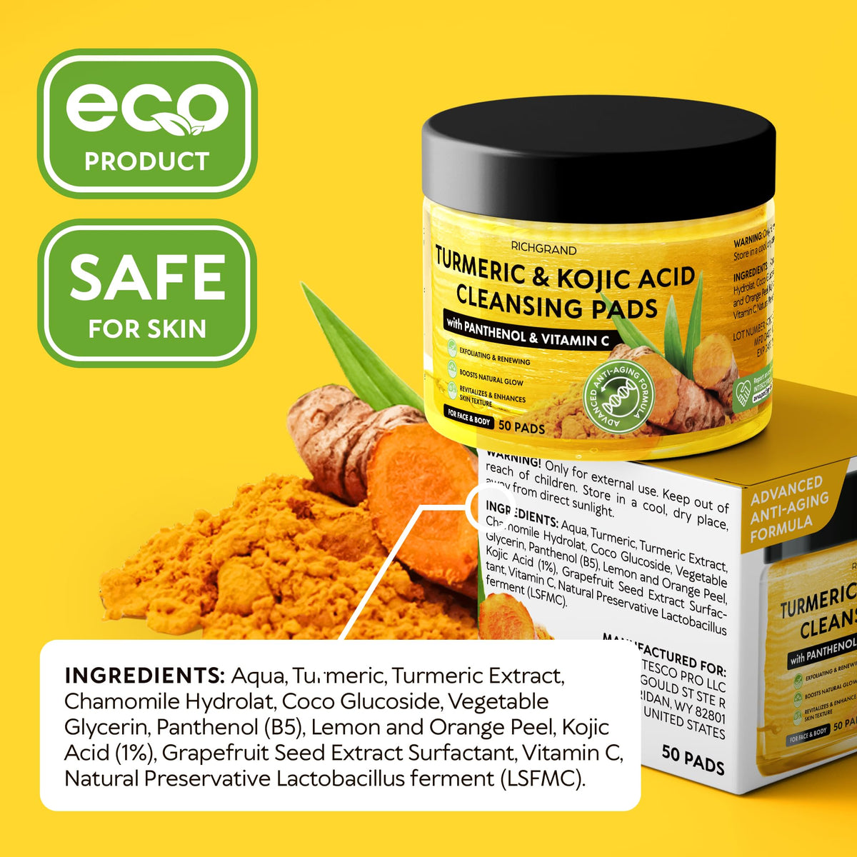 Turmeric Kojic Acid Cleansing Pads for Face - Exfoliating Sponges with Vitamin C & Lemon - Foaming Facial Wash for Glowing Skin & Uneven Tone Support - Gentle Daily Scrub RICHGRAND