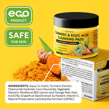 Turmeric Kojic Acid Cleansing Pads for Face - Exfoliating Sponges with Vitamin C & Lemon - Foaming Facial Wash for Glowing Skin & Uneven Tone Support - Gentle Daily Scrub RICHGRAND