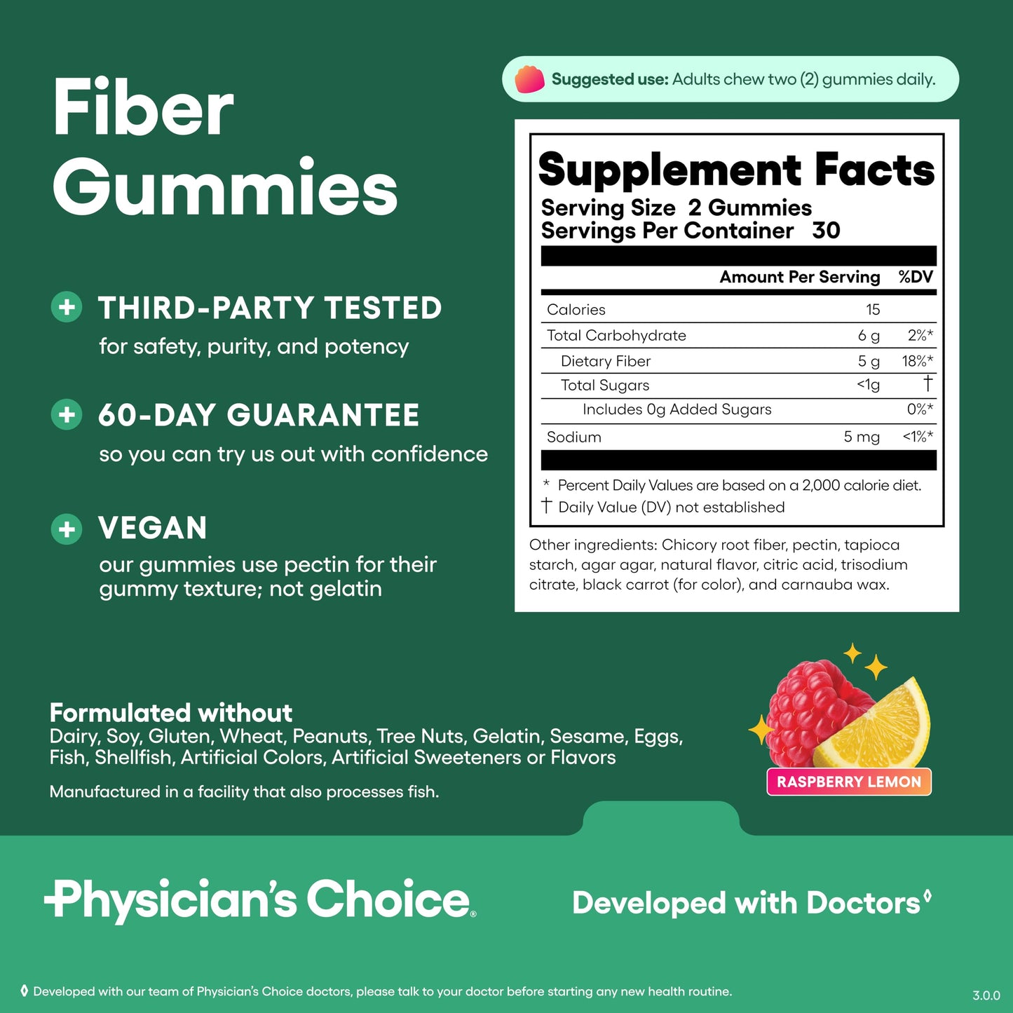 Physician’s Choice Fiber Gummies for Digestive Health & Regularity - Raspberry Lemon Flavor - No Sugar Added & Vegan - Natural Chicory Root Prebiotic Fiber Physician's CHOICE