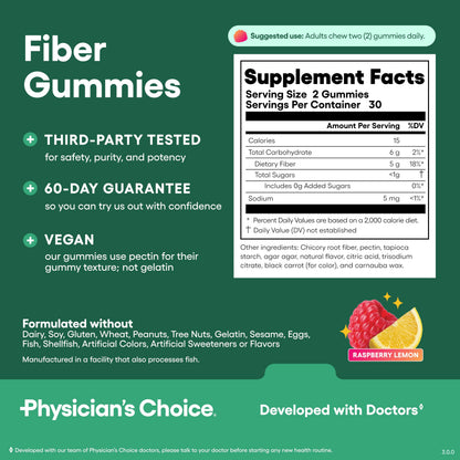 Physician’s Choice Fiber Gummies for Digestive Health & Regularity - Raspberry Lemon Flavor - No Sugar Added & Vegan - Natural Chicory Root Prebiotic Fiber Physician's CHOICE